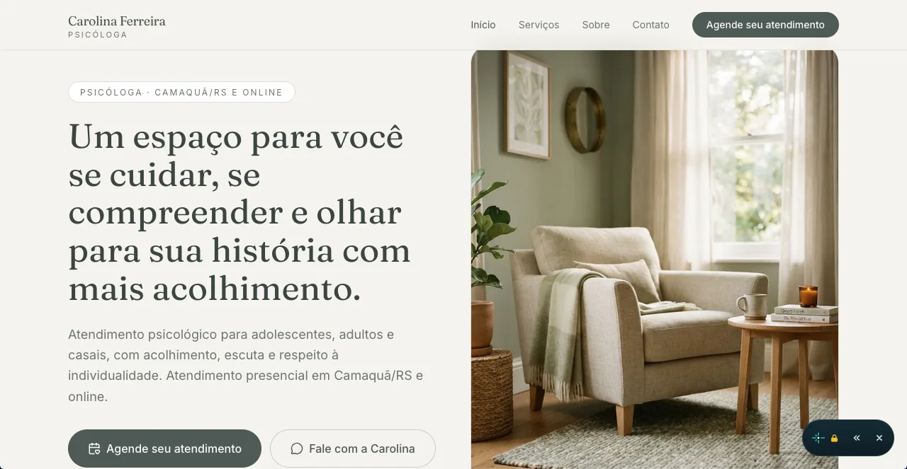 Site da psicóloga Carolina Ferreira desenvolvido pela Velaz Design